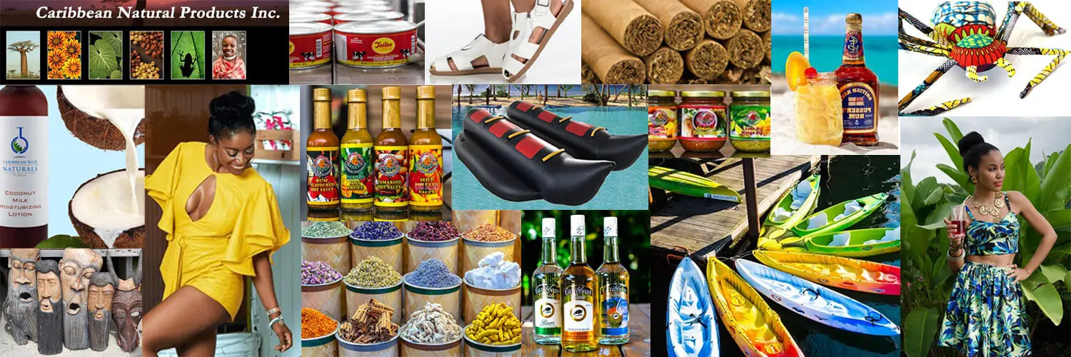 Products of the Caribbean promotion made up of multiple images of products made and exported from the Caribbeans. These products include canned goods, shoes, tobacco products, hot sauces, spices and fashions to name a few.